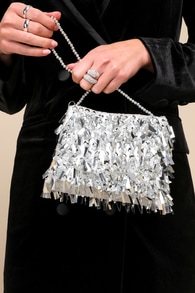 Party Professional Shiny Silver Beaded Fringe Handbag