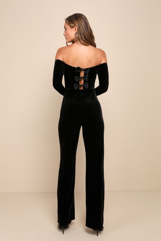 Luxurious Dream Black Velvet Off-the-Shoulder Bow Jumpsuit 9