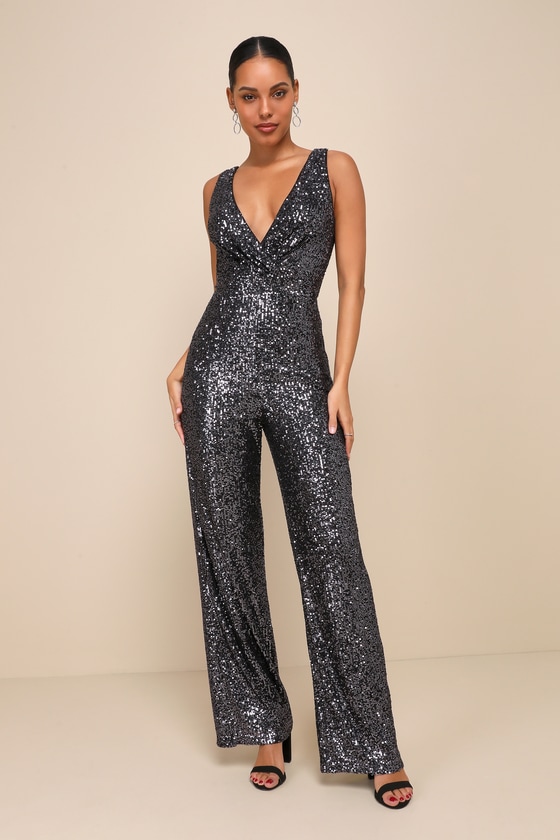 Dark Grey Sequin Jumpsuit - Surplice Jumpsuit - Sequin Jumpsuit - Lulus