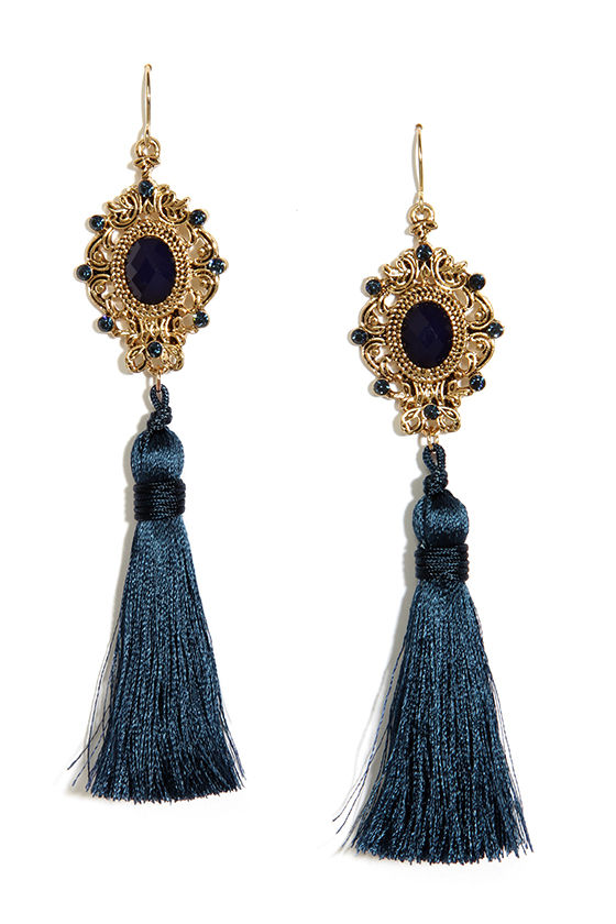 Pretty Navy Blue Earrings Tassel Earrings Rhinestone Earrings 23