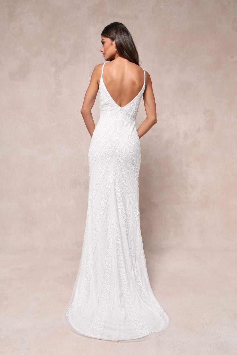 Enchanting Perfection White Sequin Beaded Slip Maxi Dress