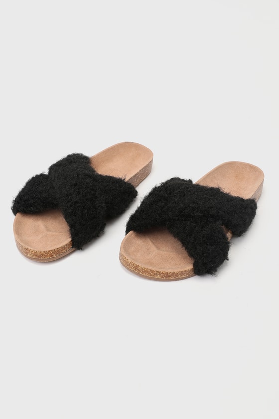 Lulus Yahala Black Shearling Slide Sandals