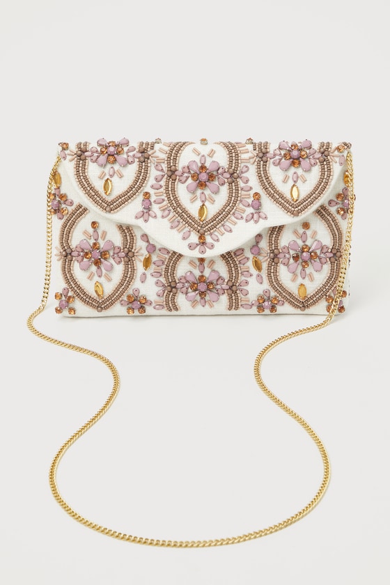 Unrivaled Aesthetic Ivory and Mauve Rhinestone Beaded Clutch