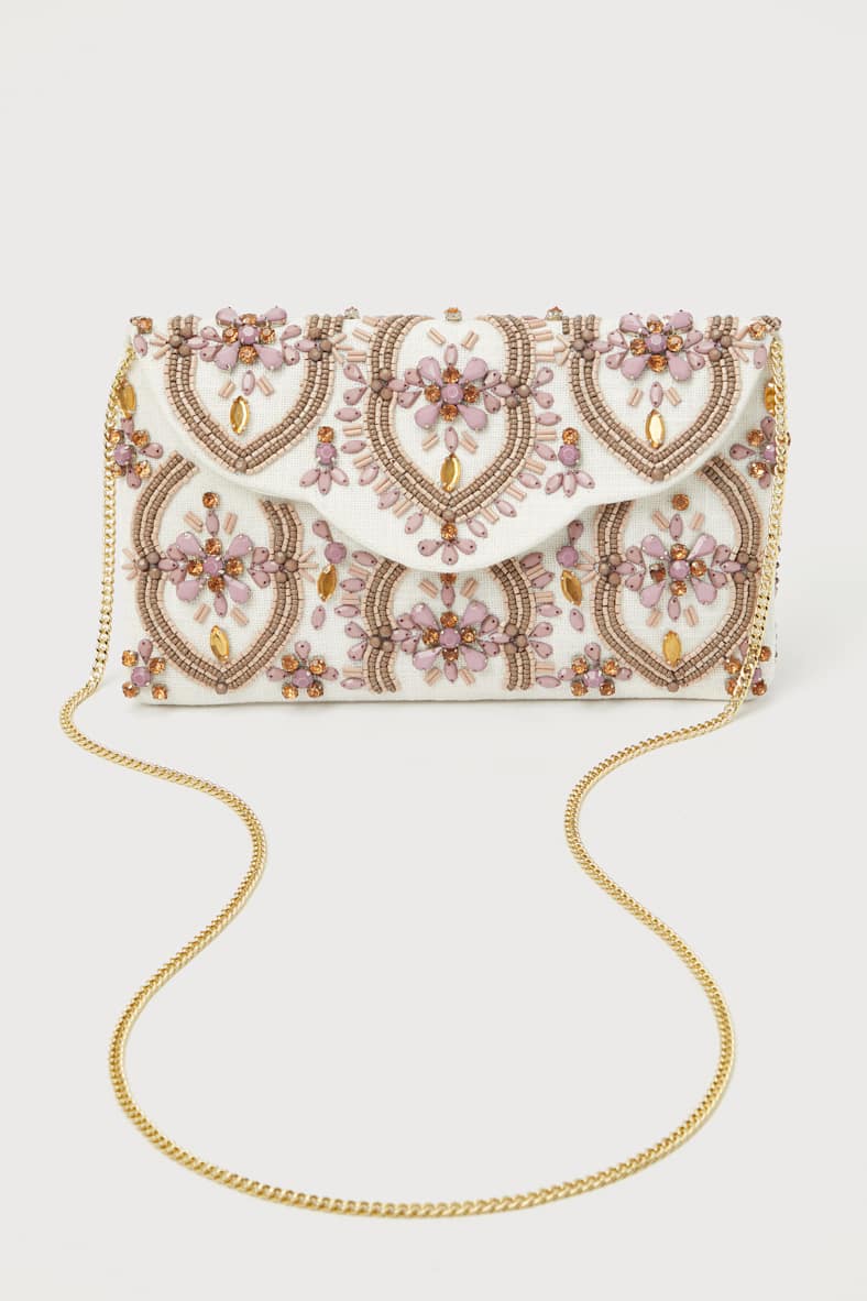 Unrivaled Aesthetic Ivory and Mauve Rhinestone Beaded Clutch