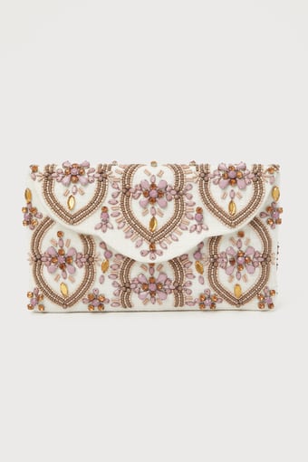 Unmatched Aesthetic Cream and Mauve Rhinestone Beaded Clutch 4