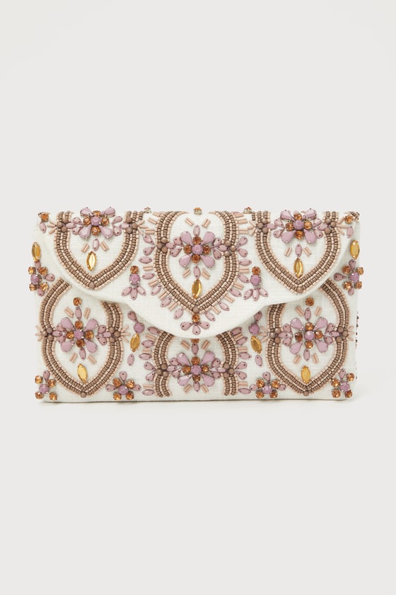Unmatched Aesthetic Cream and Mauve Rhinestone Beaded Clutch 4