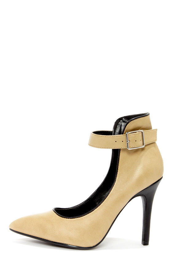 My Delicious Gilroy Taupe High Back Ankle Strap Heels