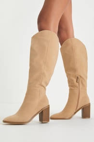 Beckyy Sand Suede Square Toe Knee-High Boots