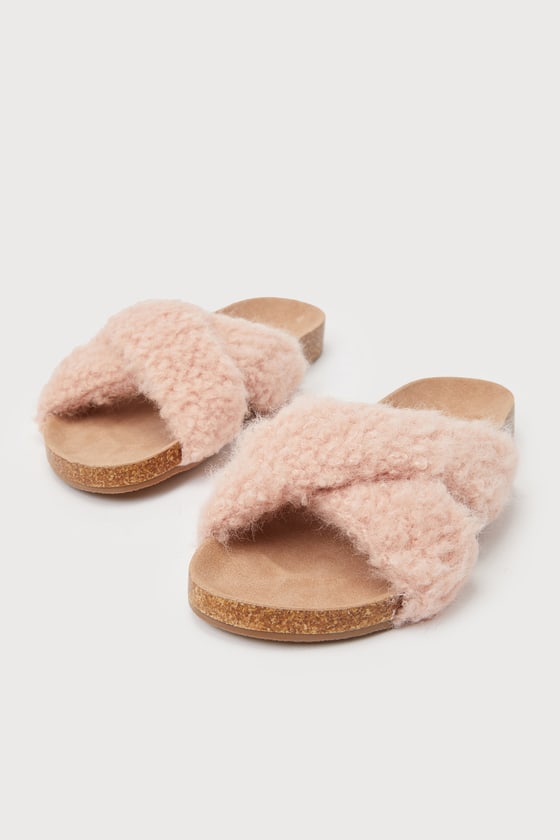 Lulus Yahala Pink Shearling Slide Sandals