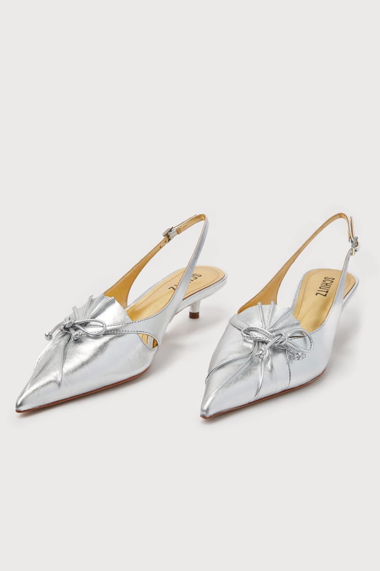 Zane Silver Metallic Nappa Leather Slingback Kitten Heel Pumps