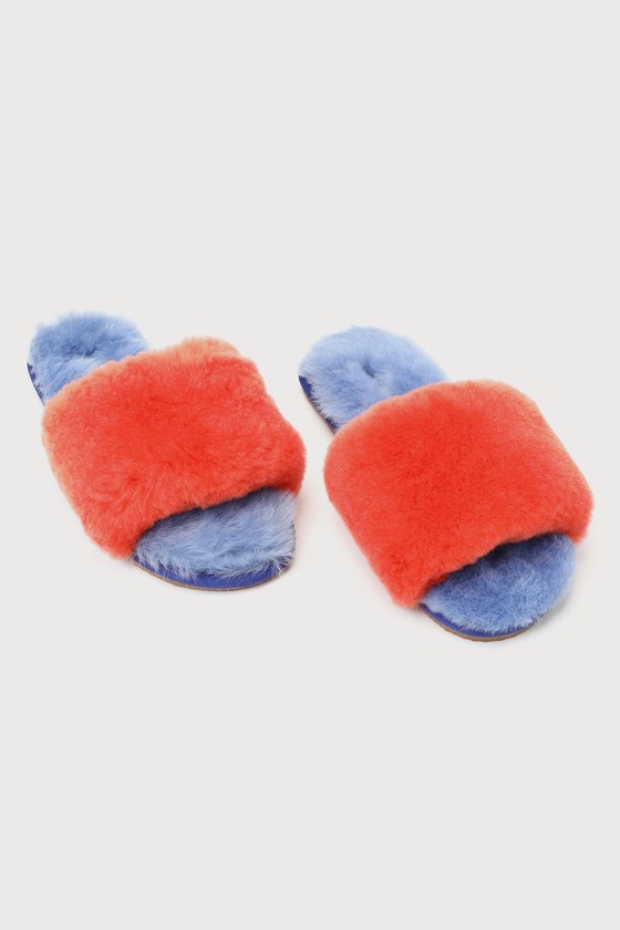 Casa Clara Frankie Cobalt Tangerine Faux Fur Slide Slippers In Blue