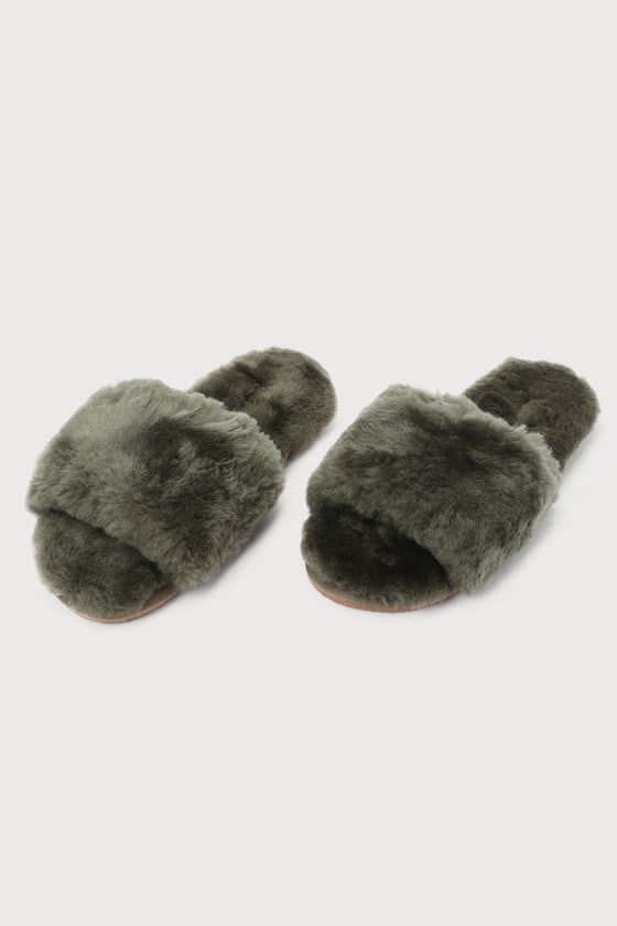 Shop Casa Clara Frankie Olive Charcoal Faux Fur Slide Slippers In Green