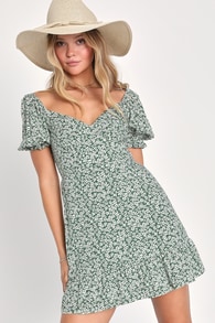 Grateful Feelings Sage Green Floral Print Puff Sleeve Mini Dress