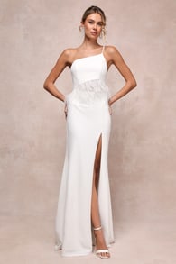 Glam Bliss White Feather One-Shoulder Cutout Maxi Dress
