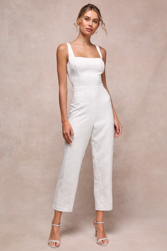 Exceptional Vision White Jacquard Removable Bow Jumpsuit
