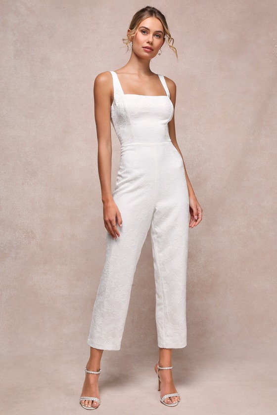 Exceptional Vision White Jacquard Removable Bow Jumpsuit