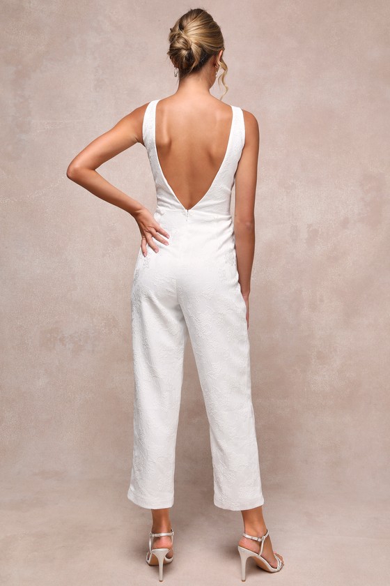 Exceptional Vision White Jacquard Removable Bow Jumpsuit