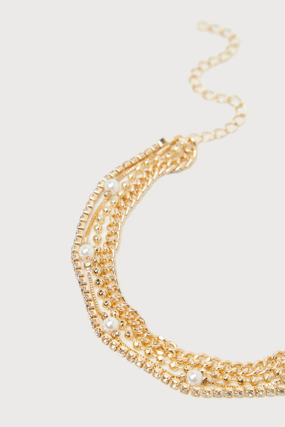 Lulus Dazzling Shine Gold Pearl Rhinestone Layered Chain Bracelet In Gold