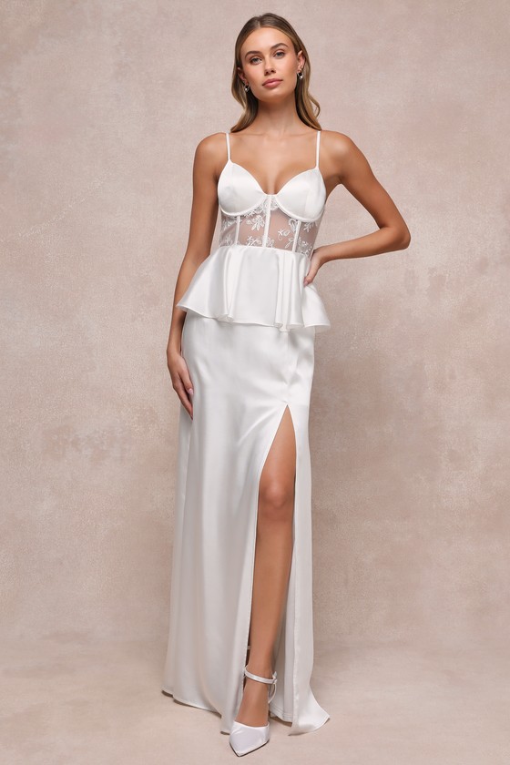 Iconic Adoration White Satin Peplum Sheer Bustier Maxi Dress 1