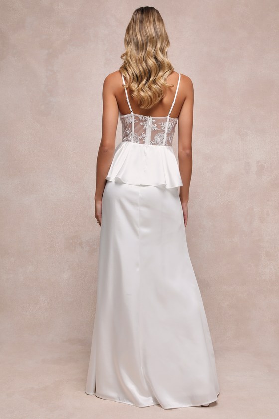 Iconic Adoration White Satin Peplum Sheer Bustier Maxi Dress 2