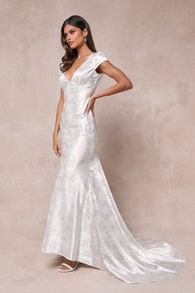 Loveliest Dream White Satin Jacquard Backless Mermaid Maxi Dress 1