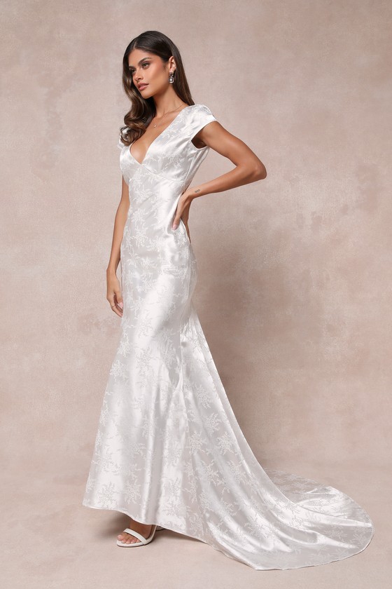 Loveliest Dream White Satin Jacquard Backless Mermaid Maxi Dress 1