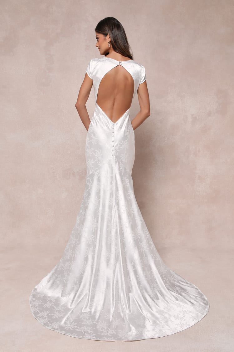 Loveliest Dream White Satin Jacquard Backless Mermaid Maxi Dress