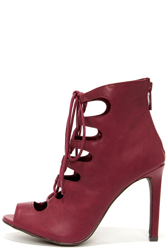 Pretty Wine Red Heels LaceUp Heels Caged Heels Booties 32.00