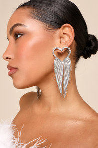 Lovely Sparkle Silver Heart Rhinestone Fringe Earrings