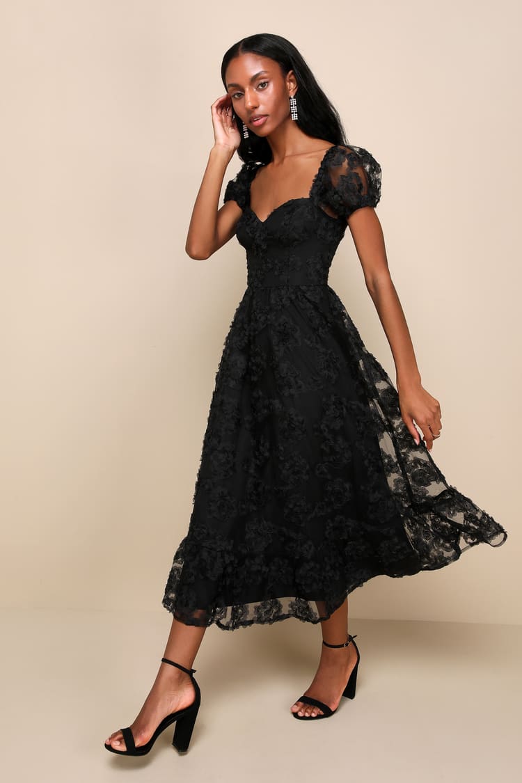 Black Mesh Floral Dress - Applique Midi Dress - Bustier Dress - Lulus