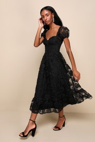 Notable Elegance Black Mesh Floral Applique Bustier Midi Dress
