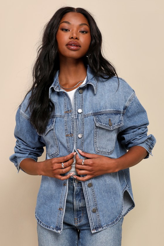 Medium Wash Denim Jacket - Denim Shacket - Button-Up Shacket - Lulus