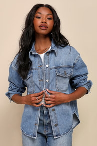 Chill Outing Medium Wash Denim Button-Up Shacket