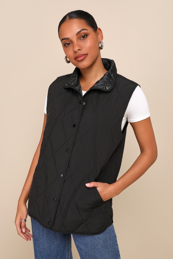 Trendy Coziness Black Quilted Mock Neck Button-Up Vest 2