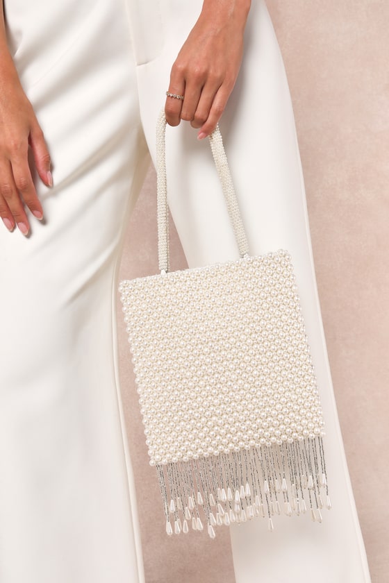 Lulus Luminous Perfection Ivory Pearl Beaded Fringe Handle Bag