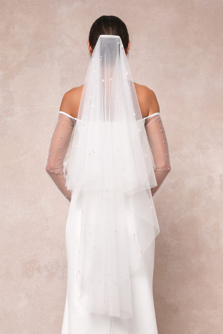 White Tulle Veil - Pearl Veil - Fingertip Veil - Wedding 