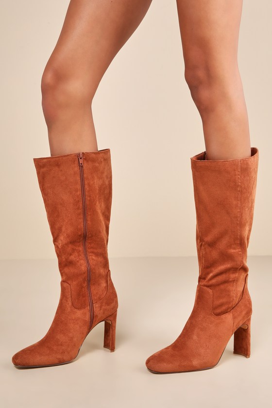 Lulus Claramay Camel Suede Knee-high High Heel Boots In Brown