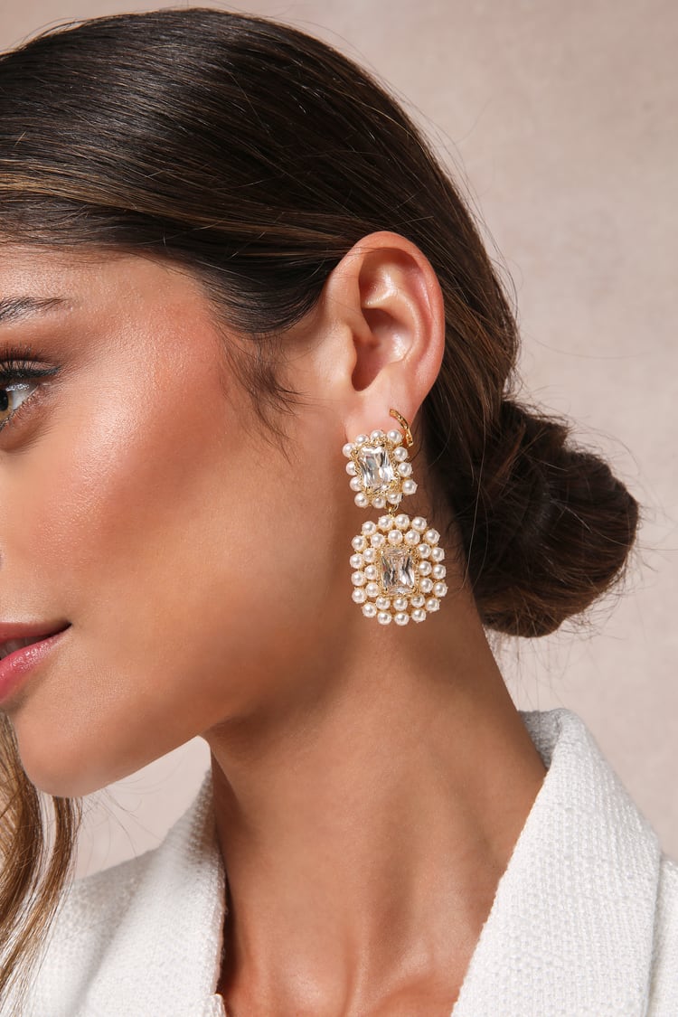 Glamorous Ambitions White Pearl Rhinestone Statement Earrings