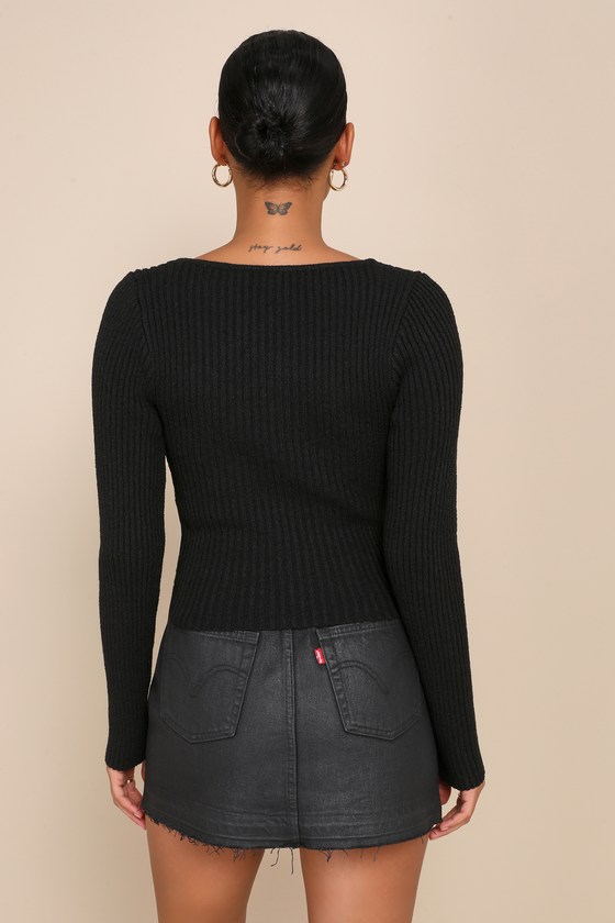 Black Ribbed Knit Top - Cute Long Sleeve Top - Ruched Knit Top - Lulus