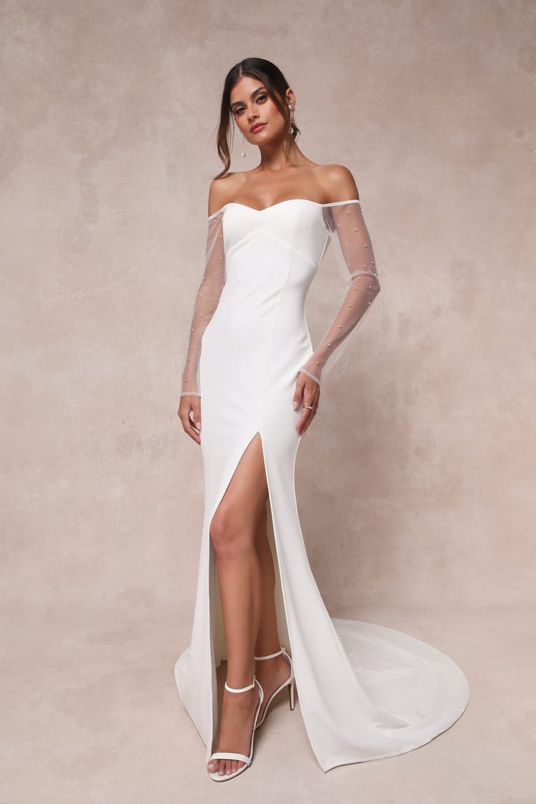 chinese dress ladies A-Line Sheer Long Sleeves Illusion Pearl Bodice Wedding Dress EU32 main image 0