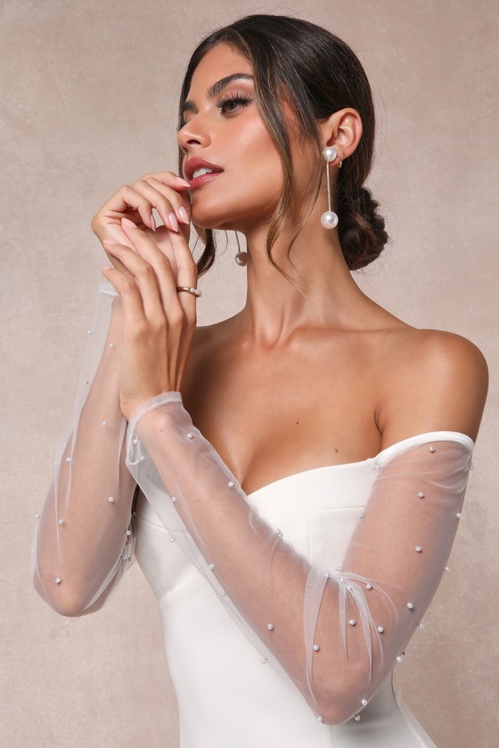 Eternally Beloved White Mesh Off-the-Shoulder Pearl Maxi Dress 5