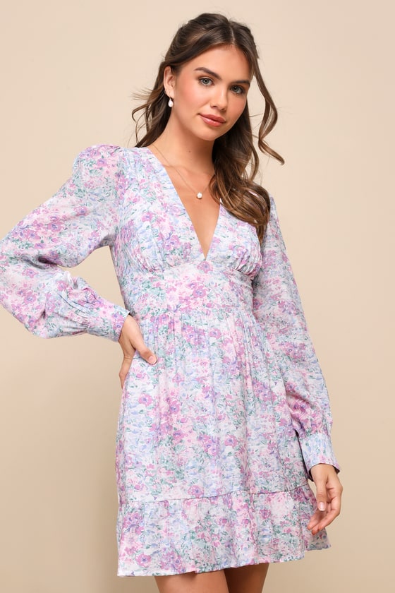 White Multi Floral Dress - Floral Mini Dress - Long Sleeve Dress - Lulus