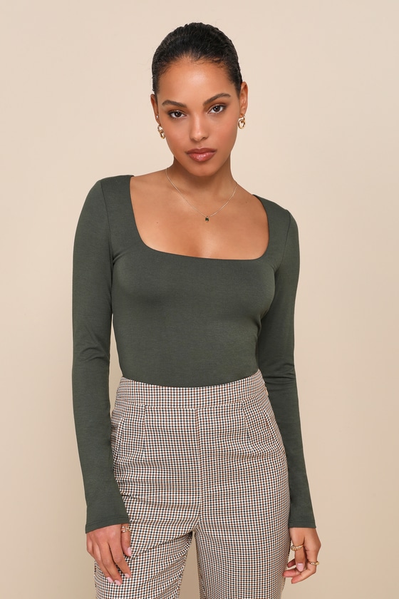 Green Jersey Knit Top - Long Sleeve Top - Square Neck Top - Lulus