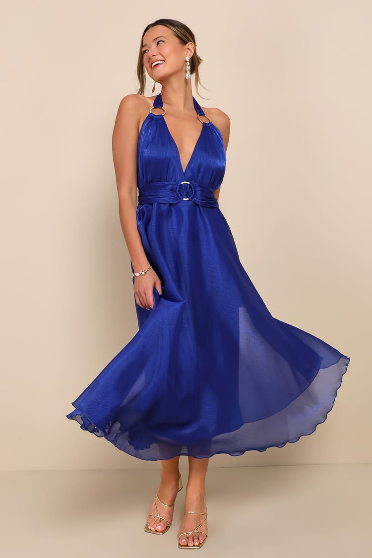 Cobalt Blue Midi Dress - Organza Halter Dress - O-Ring Midi Dress - Lulus