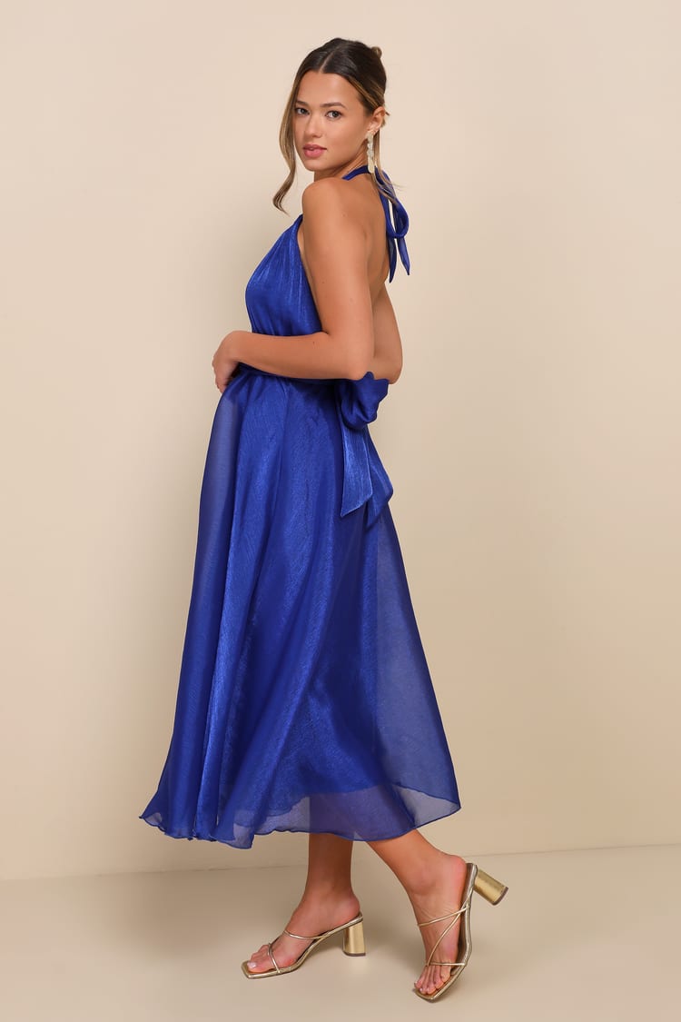 Cobalt Blue Midi Dress - Organza Halter Dress - O-Ring Midi Dress - Lulus