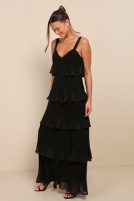 Elegant Nature Black Pleated Sleeveless Tiered Maxi Dress 1