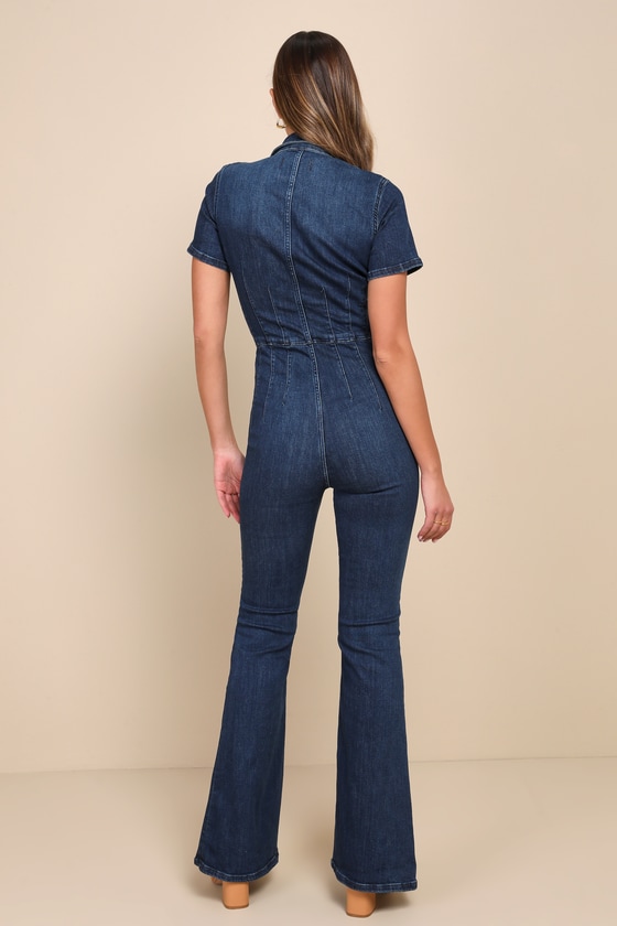 Jayde Dark Wash Denim Zip-Up Flare Jumpsuit 3