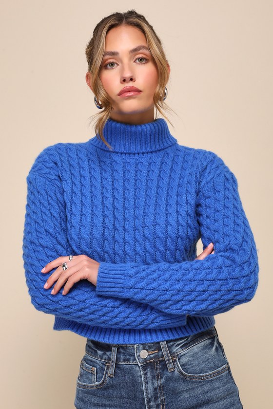 Lulus Super Snuggly Blue Cable Knit Turtleneck Cropped Sweater