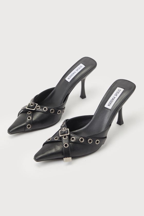 Bradi Black Buckle Pointed-Toe Mule Pumps 2