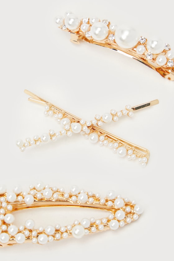 Gold and White Pearl Hair Clips - 4-pc Hair Clip Set - Hair Clips - Lulus